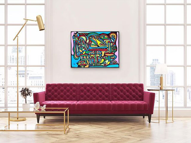red couch, Modern Art Gallery Presenting Captivating, Abstract Paintings